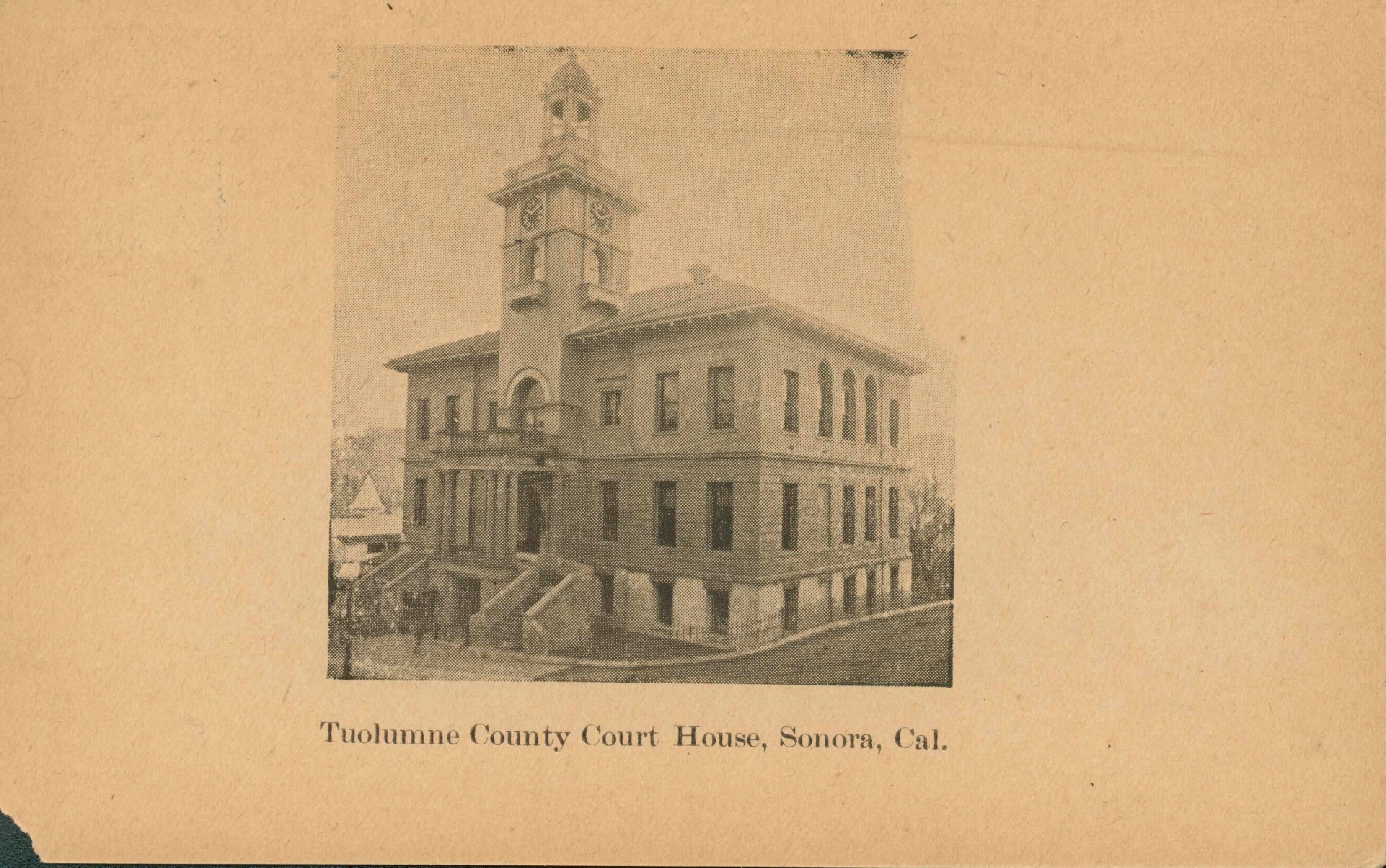 Shows a front corner view of the courthouse in Sonora